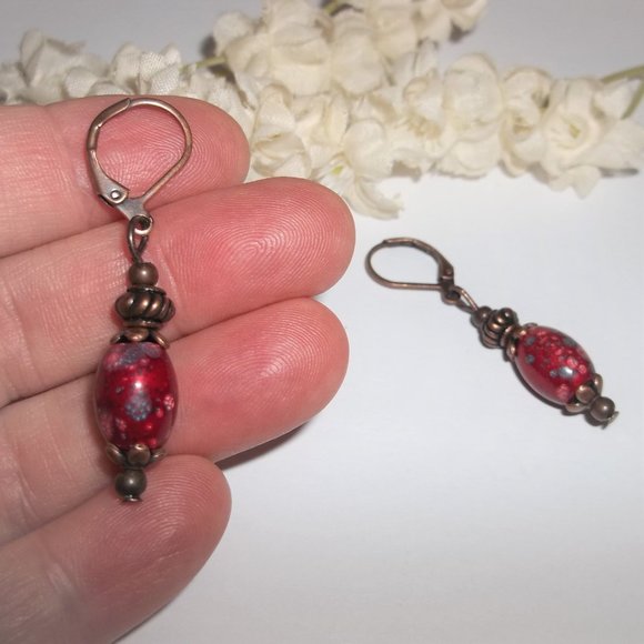 Small Red and Copper Dangle Earring Boho Style Unique Funky Dangly Set Pair 6931 - Picture 6 of 8